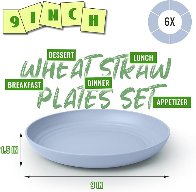 Wheat Straw Dinner Plates 6 PCS, Unbreakable Deep Dish Plates, BPA-Free Reusable Plastic Plates, Microwave and Dishwasher Safe Camping Dishes for Kids & Family, Light Blue