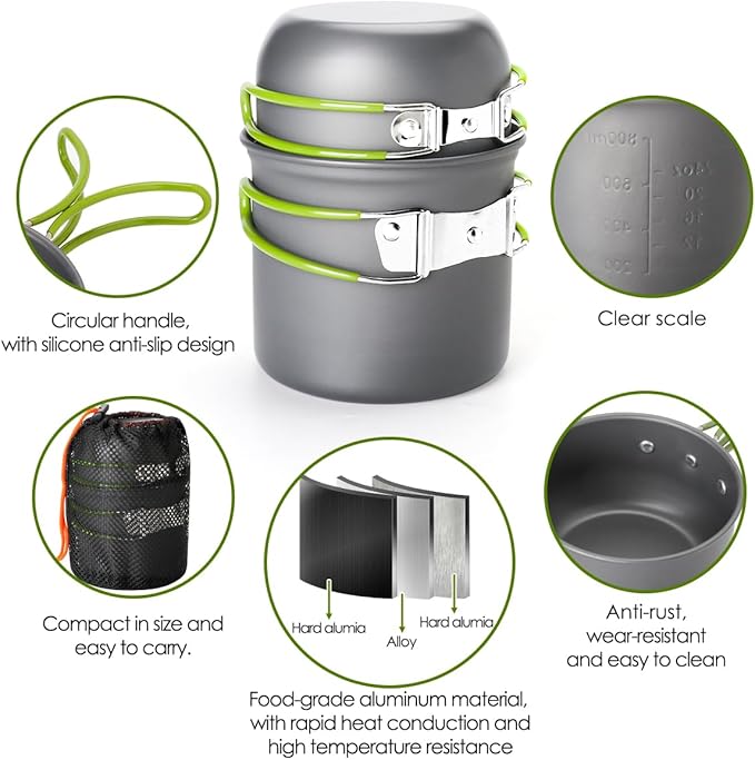 Gutsdoor Camping Cookware Set Camping Gear Campfire Utensils Non-Stick Cooking Equipment Lightweight Stackable Pot Pan Bowls with Storage Bag for Outdoor Hiking