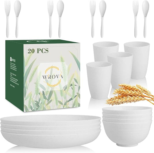 Wrova Wheat Straw Dinnerware Sets with Flatwares,20-piece Dishwasher Safe Kitchen Plates and Bowls Set,Unbreakable Modern Dish Set Apartment Essentials and Dorm Essentials.(White)