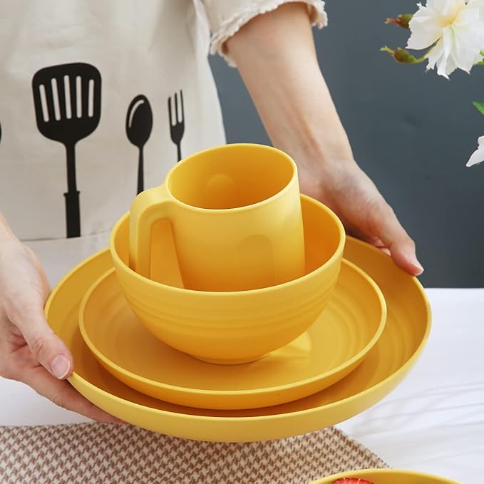 Kyraton Plastic Dinnerware Set of 16 Pieces, Unbreakable And Reusable Light Weight Plates Mugs Bowls Dishes Easy to Carry And Clean Microwave Safe BPA Free Dishwasher Safe Service For 4 (Gold Yellow)