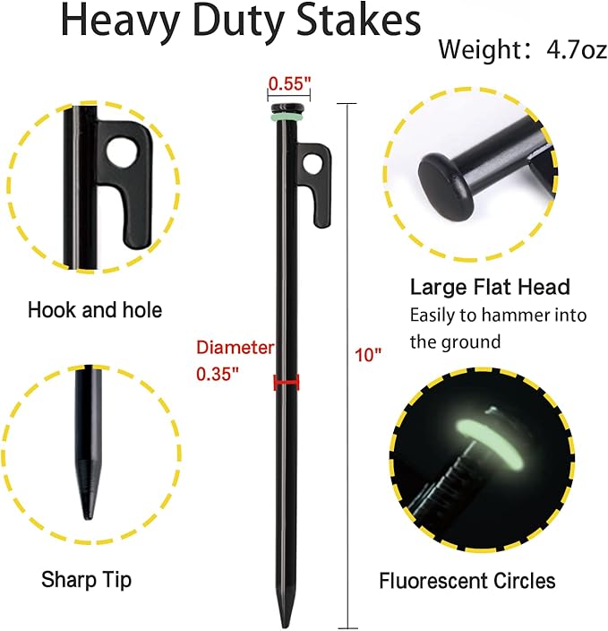 8/12/16Pack Tent Stake with Hammer, 8/10/12/16in Heavy Duty Tent Stakes + 10in Camping Hammer+Storage Pouch, Forged Steel Stakes Used on Rocks (12 Pack 10in Tent Stakes+Hammer)