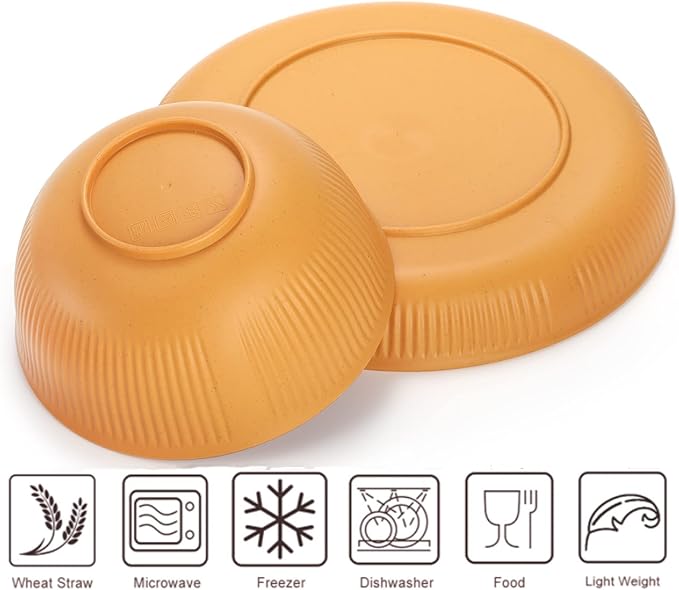 Lyellfe 44 Pieces Wheat Straw Dinnerware Sets, Unbreakable Camping Plates Cups and Bowls Set, Lightweight Kitchen Dish with Knives, Forks, Spoons, Dishwasher Microwave Safe