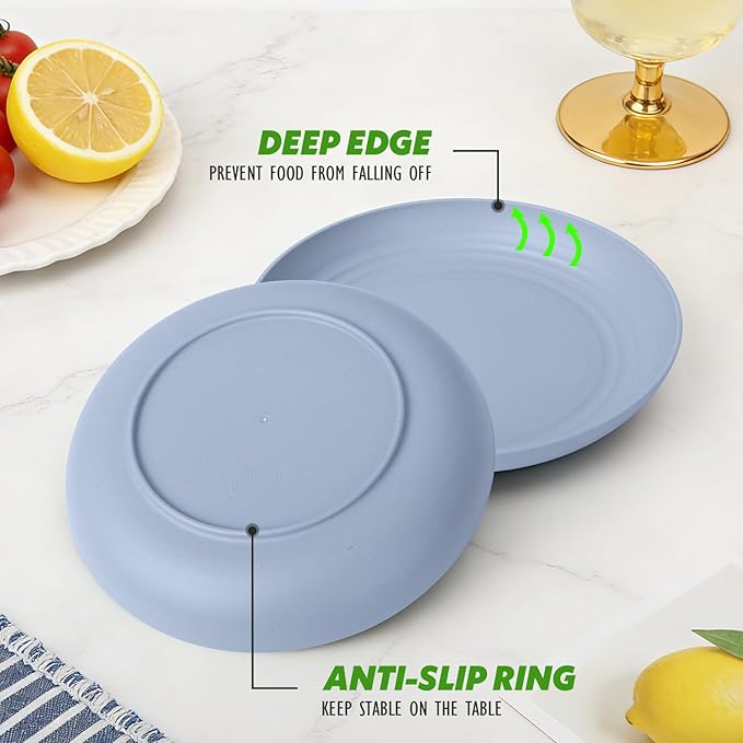 8 Inch Dinner Plates, Wheat Straw Unbreakable Plate Set of 6, Reusable Plastic Plates, Microwave and Dishwasher Safe Small Plates for Kids, Breakfast, Dessert, Light Blue