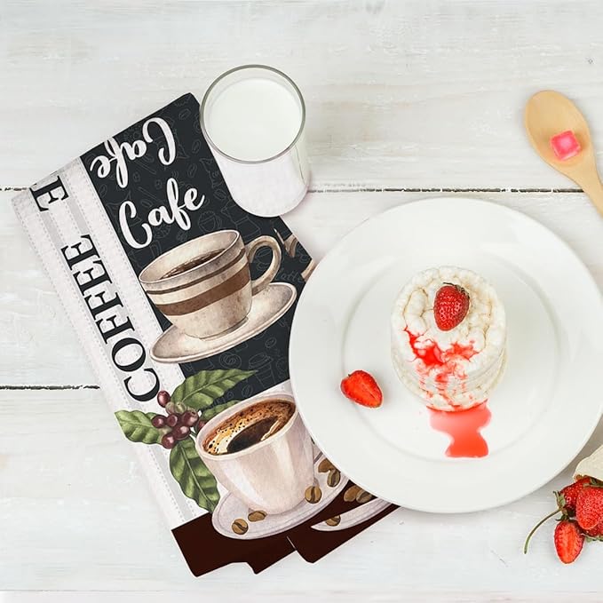 2PCS Coffee Kitchen Towels, Funny Farmhouse Rustic Reusable Absorbent Waffle Weave Dish Tea Towels for Cleaning, Microfiber Kitchen Towel for Coffee Bar Decor Housewarming Farmhouse Gift-2