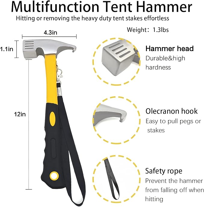 12 Pack Tent Stake with Hammer, 8in Heavy Duty Tent Stakes + 10in Camping Hammer+Storage Pouch, Forged Steel Stakes for Camping Used on Rocks