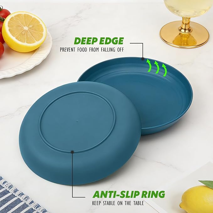 Wheat Straw Salad Plates 8 Inch Set of 6, Unbreakable & Lightweight Dinner Plates, Reusable BPA-Free Plates, Microwave and Dishwasher Safe for Kitchen, Camping, Party, Dark Blue