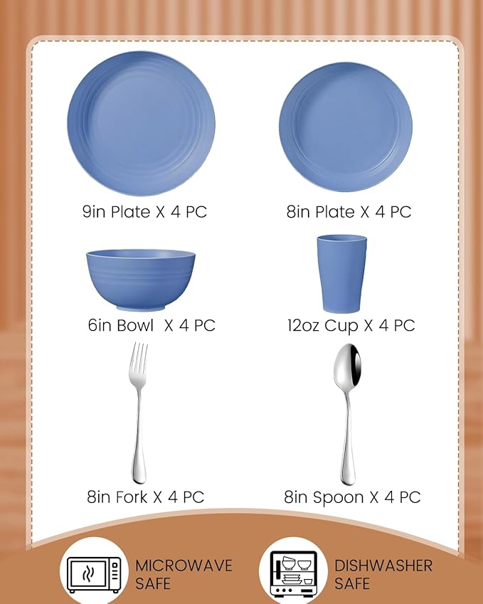 24 Piece Plates and Bowls Sets for 4- Unbreakable Wheat Straw Dinnerware Sets Includes Stainless Steel Forks for Picnic Camping Outdoor Kitchen and Apartment Dinning RV Essentials- Colorful