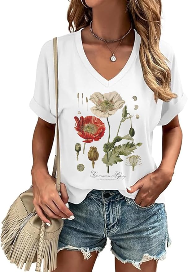 Graphic V Neck Shirt for Women Boho Floral Wildflowers Tee Casual Cottagecore Summer T-Shirt Blouse