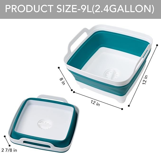 Tiawudi Dishpan for Washing Dishes, 2.4Gal/9L Wash Basin with Draining Plug Carry Handles, Collapsible Bucket for Cleaning, Portable Sink, Foldable Plastic Tub, 1PC