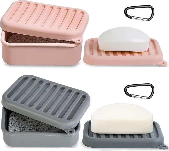 2PCs Silicone Travel Soap Case, Leak-Proof Bar Soap Container with Drain Tray, Portable Travel Soap Dish with Lid for Hiking, Gym, Camping, PortableToiletries Accessories (PinkGrey)