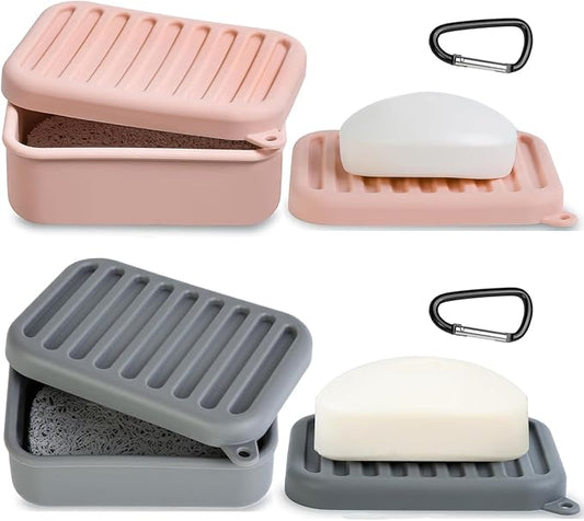 2PCs Silicone Travel Soap Case, Leak-Proof Bar Soap Container with Drain Tray, Portable Travel Soap Dish with Lid for Hiking, Gym, Camping, PortableToiletries Accessories (PinkGrey)