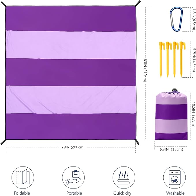 WIWIGO Beach Blanket Waterproof Sandproof Beach Mat 79" X 83"/10'x9'for 2-8 Adults Quick Drying Outdoor Picnic Mat Beach Accessories for Travel, Camping, Hiking
