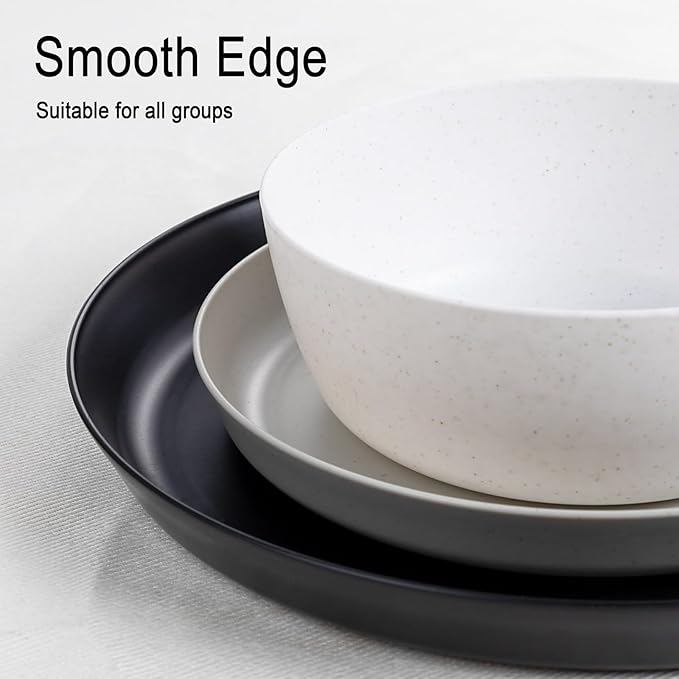 EI 12pcs Wheat Straw Plates,Wheat Straw Dinnerware Set,Plate and Bowls Sets,Plastic Plates Reusable-White,Black,Grey,Dark Grey,Dinner Plate Set of 4 Kitchen,Picnic