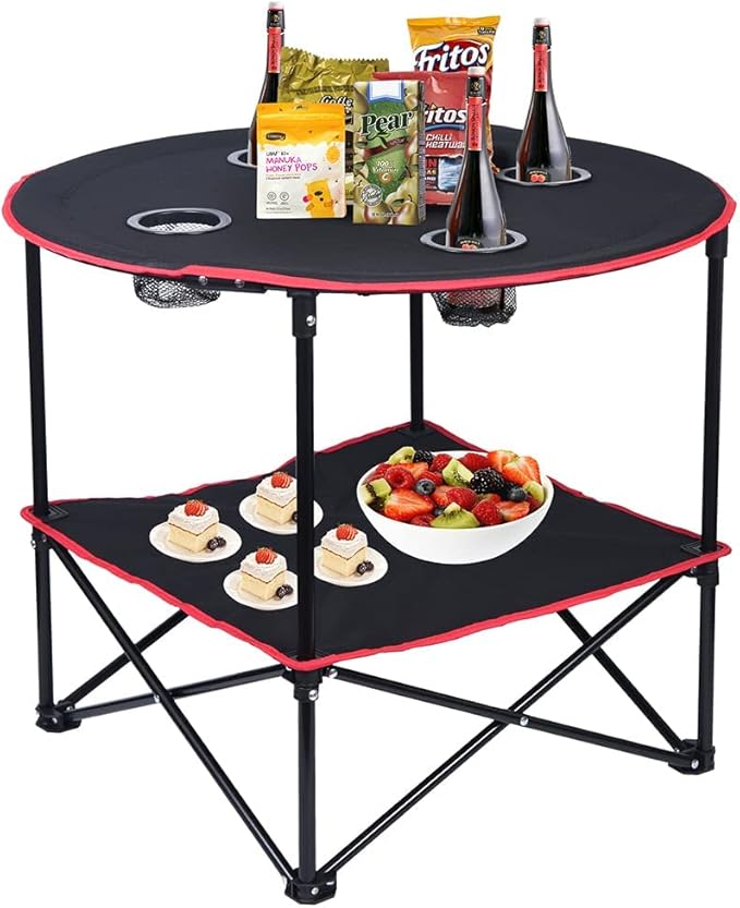 LEADALLWAY Camping Table Folding Picnic Table with 4 Cup Holders and Carrying Bags Collapsible Canvas Portable Tables Folding for BBQ Outdoor Fishing | 4 Cup Holders, Carrying Bags, Collapsible, BBQ, Outdoor, Fishing