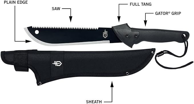 Gerber Gear Gator Machete 18.75" / 11.25" with Saw and Plain Edge Blade for Camping, Hunting, Gardening and Bushcraft, Includes a Gator Grip and Protective Sheath, Stainless Steel Blade