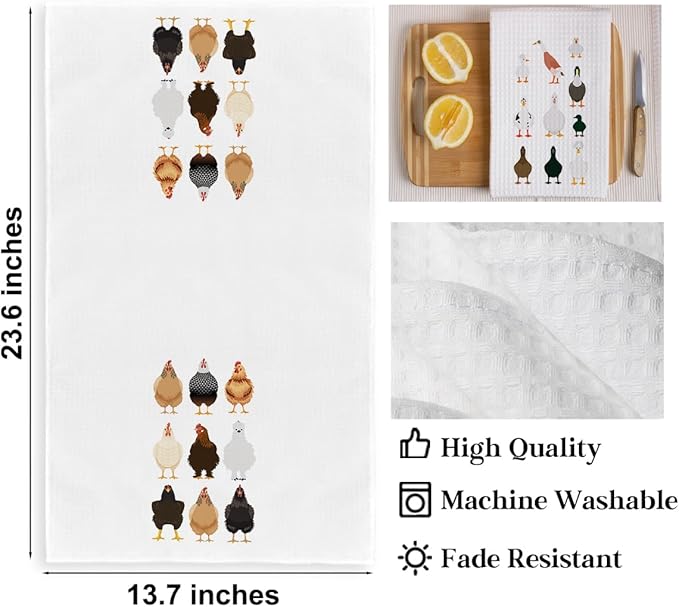2Pcs Funny Kitchen Towels 24x14 Inch, Rooster Chicken Kitchen Decor Waffle Weave Hand Towels for Farmhouse, White Absorbent Microfiber Dish Cloth Tea Towel Chicken Gifts for Women Mom 2