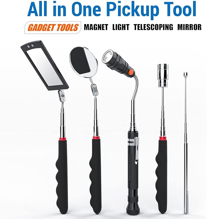 VIBELITE Telescoping Magnetic Pick Up Tool with 1lb& 15lb Pickup Rod, Round& Square 360 Swivel Adjustable Inspection Mirror, Flexible LED Flashlight, Gifts for Men, Women, Him, Birthday Gifts for Men