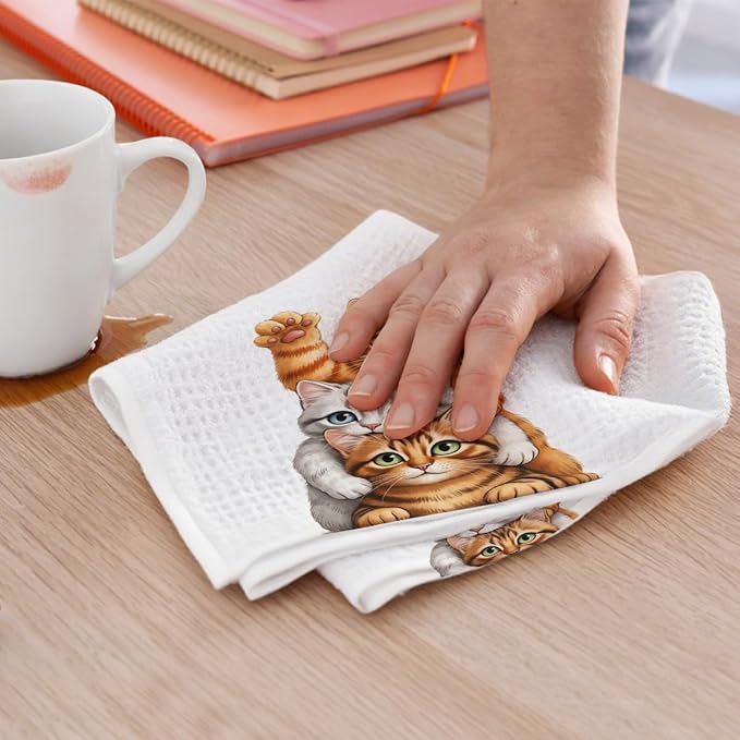 2PCS Cute Cat Kitchen Towels, Cat Themed Gifts Reusable Absorbent Waffle Weave Dish Tea Towels for Cleaning Cooking Baking, Cats Lovers Gifts for Women Microfiber Kitchen Towel, Housewarming Gift-1