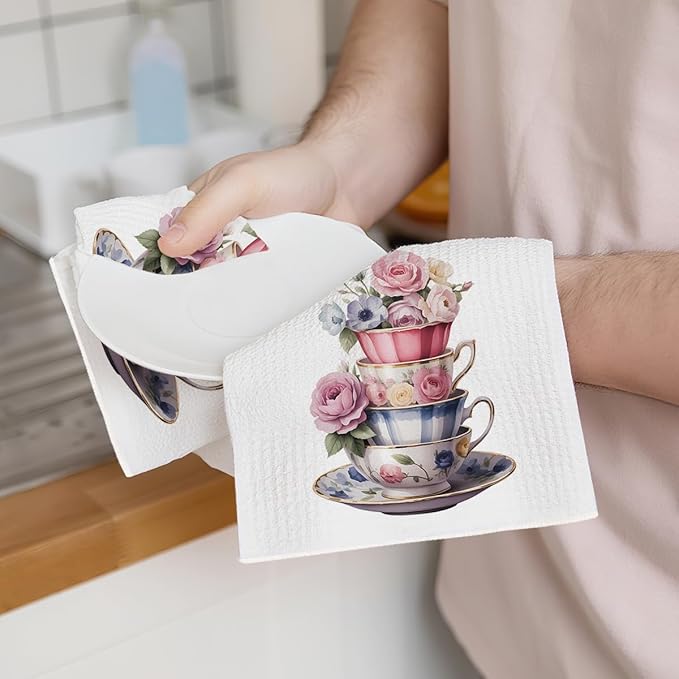 2PCS Watercolor Rose Kitchen Towels, Flower Coffee Cup Waffle Weave Dish Tea Hand Towels for Home, Dinner Party, Wedding Gift, Home Decor, Housewarming Farmhouse Gifts for Women Friend