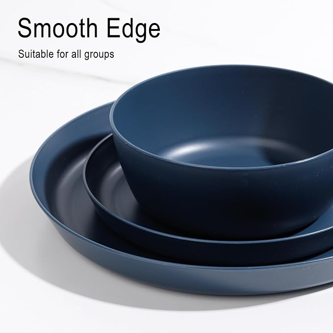 EI 12pcs Dark Blue Wheat Straw Dinnerware Set,Wheat Straw Plates,Plastic Plates Reusable,Plate and Bowls Sets,Unbreakable Plastic Plate for Dinner, Camping,Picnic