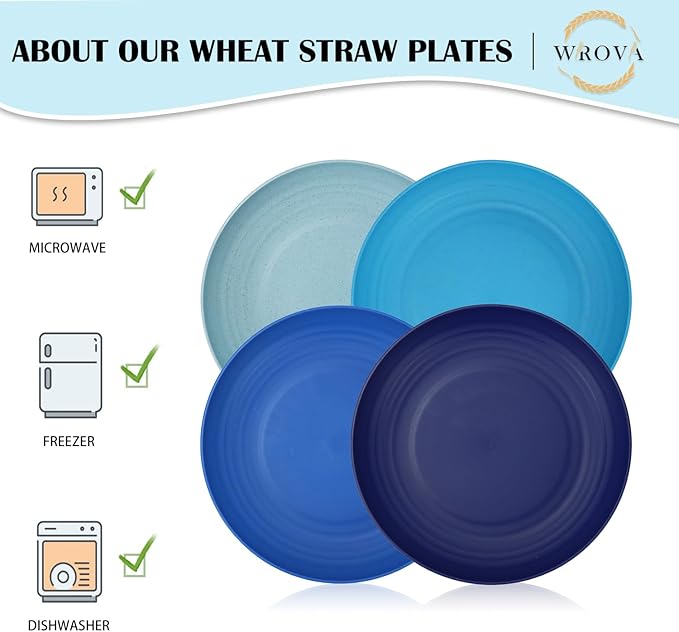 Wrova Wheat Straw Plates - 8 Inch Unbreakable Dinner Plates Set of 8 - Dishwasher & Microwave Safe Plastic Plates Reusable - Lightweight Kids Plates for kitchen,R.V. (Ocean)