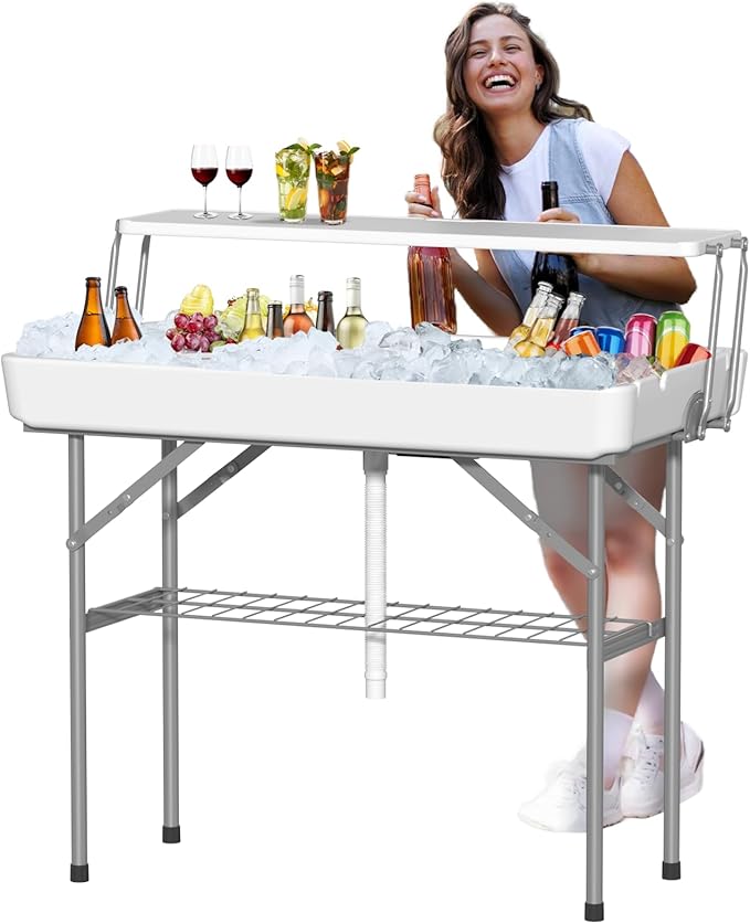 Ice Cooler Table with Drain, Two-Tier Plastic Folding Tables, with Removable Matching Skirt and Shelf, Indoor Outdoor Use for Party Camping Picnic Fishing Cleaning, 440 lbs Capacity