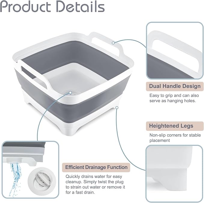 2.4 Gal(9L) Collapsible Dish Basin with Drain Plug, Space Saving Outdoor Multiuse Foldable Sink Tub, Dishpan, Kitchen Storage Tray for Camping, Vegetable Washing, RV (Gray)