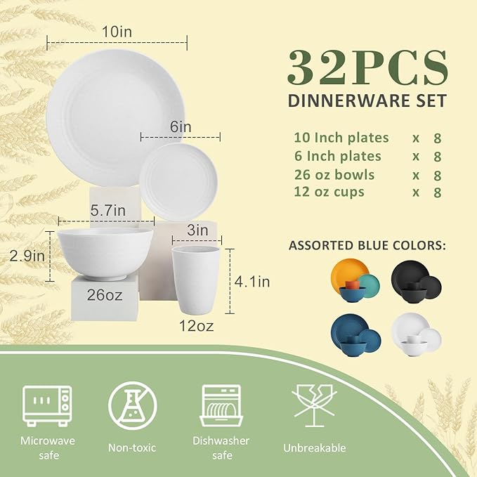 Wrova 32-piece Kitchen Alternative Plastic Wheat Straw Dinnerware Sets,Unbreakbale Dishwasher Safe Kitchen Bowls and Plates Sets with Cups,Modern Apartment Essential Dishes Set for 8.White Series