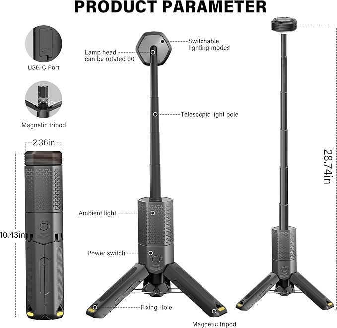 Telescopic Portable Camping Light with Stand - 10500mAh Rechargeable Camping Light with Storage Bag, Dimmable Magnetic Tent Lamp,Waterproof Tripod Pole Work Lights for Outdoor Emergency, Hiking, Gray