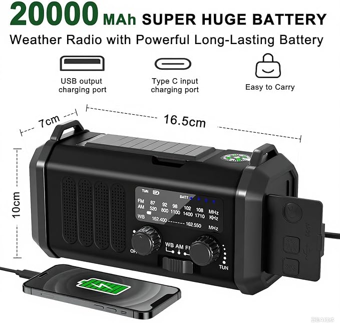 Leaton Emergency Hand Crank NOAA Weather Radio with Solar Charging 20000mAh Battery Built-in Flashlight, Reading Light & SOS Alarm for Indoor/Outdoor Emergencies