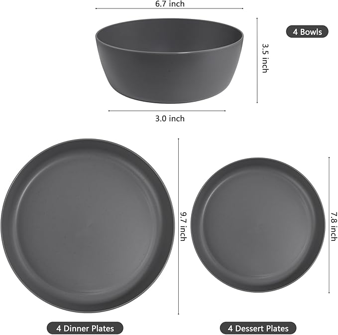 EI 12pcs Wheat Straw Dinnerware Set of 4,Kitchen Plates and Bowls,Reuasble Plates,Unbreakable Dinner Plate,Hard Premium Plastic Plate for Camping,Picninc,Halloween