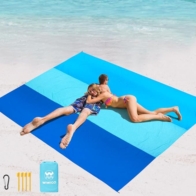 WIWIGO Beach Blanket Waterproof Sandproof Beach Mat 79" X 83"/10'x9'for 2-8 Adults Quick Drying Outdoor Picnic Mat Beach Accessories for Travel, Camping, Hiking