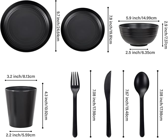 LIYH 28 Pcs Black Wheat Straw Dinnerware Sets - Plates and Bowls Sets, Unbreakable Dinnerware Set Reusable Plates, Bowls, Cups & Cutlery - Lightweight, Dish Set for Kitchen & Camping