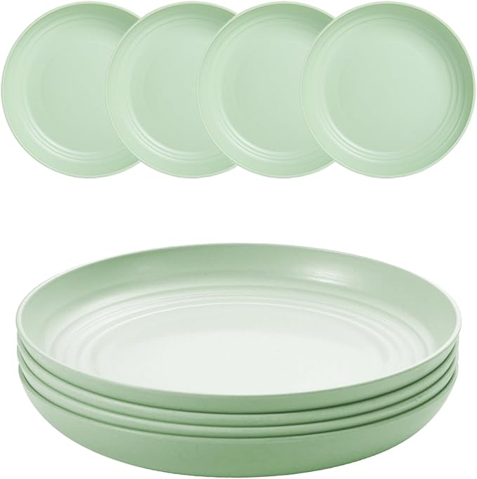 Wheat Straw Plates, Unbreakable Dinner Plates Set of 4, Plastic Plates Reusable, Dishwasher & Microwave Safe, Lightweight Salad Plates for Camping/Kitchen (Green)