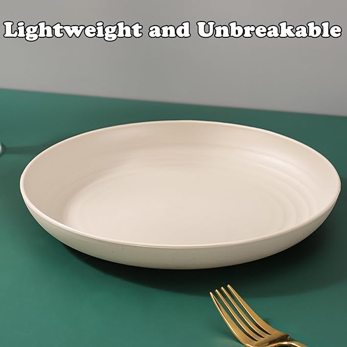 Wheat Straw Plates, Unbreakable Dinner Plate Set of 4, 8 Inch Plastic Plate Reusable, Dishwasher & Microwave Safe, Lightweight Salad Plates for Camping/Kitchen (Beige)