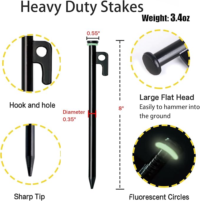 8 Pack Tent Stakes with Hammer, 8in Heavy Duty Tent Stakes + 10in Camping Hammer+Storage Pouch, Forged Steel Stakes for Camping Used on Rocks(8Pcs 8in Stake and Hammer)