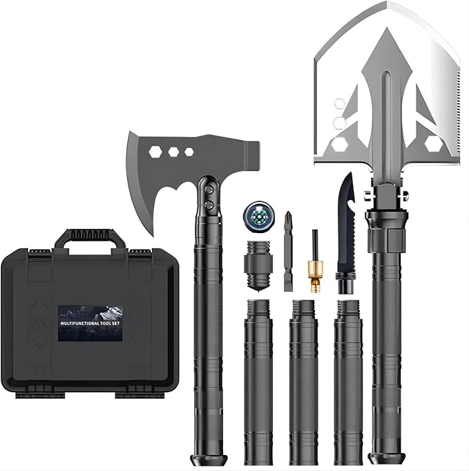 Camping Shovel Axe Outdoor Survival Shovel Set, Multifunctional Folding Tactical Shovel Hatchet Combo, High Carbon Steel Camping Equipment for Hiking Camping Hunting