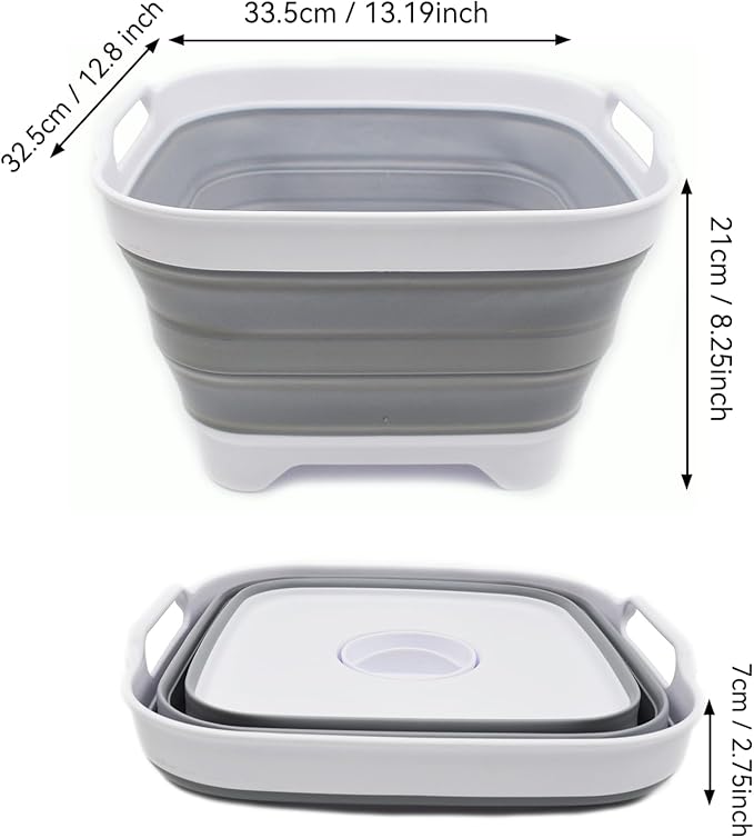 SAMMART 10L (2.64 gallon) Collapsible Dishpan with Draining Plug - Foldable Washing Basin - Portable Dish Washing Tub - Space Saving Kitchen Storage Tray (1, White/Grey)