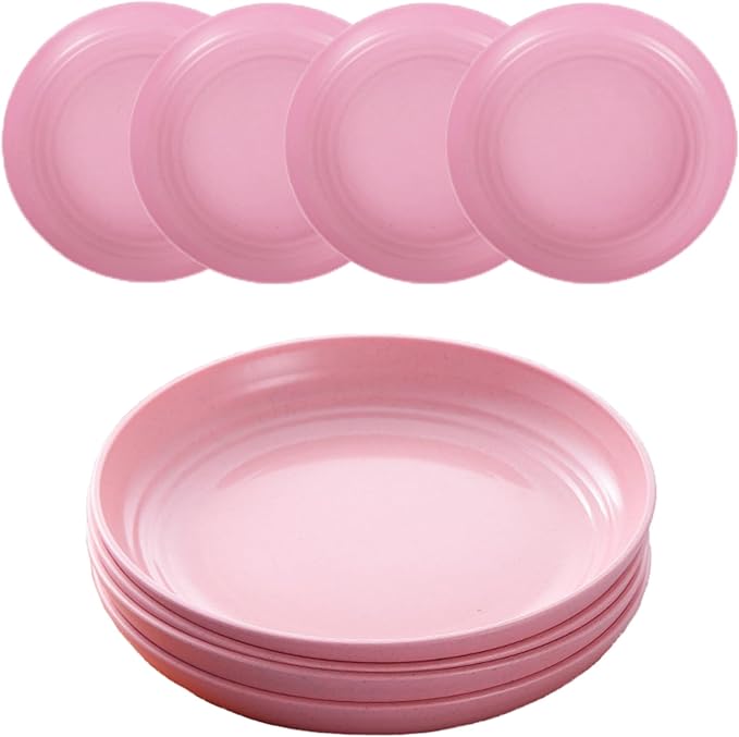 Wheat Straw Plates, Unbreakable Dinner Plates Set of 4, 8 Inch Plastic Plate Reusable, Dishwasher & Microwave Safe, Lightweight Salad Plates for Camping/Kitchen (Pink)