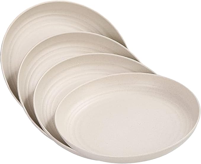 Wheat Straw Plates, Unbreakable Dinner Plate Set of 4, 8 Inch Plastic Plate Reusable, Dishwasher & Microwave Safe, Lightweight Salad Plates for Camping/Kitchen (Beige)