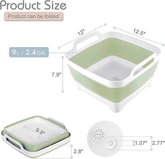2.4 Gal(9L) Collapsible Dish Basin with Drain Plug, Space Saving Outdoor Multiuse Foldable Sink Tub, Dishpan, Kitchen Storage Tray for Camping, Vegetable Washing, RV (Green)