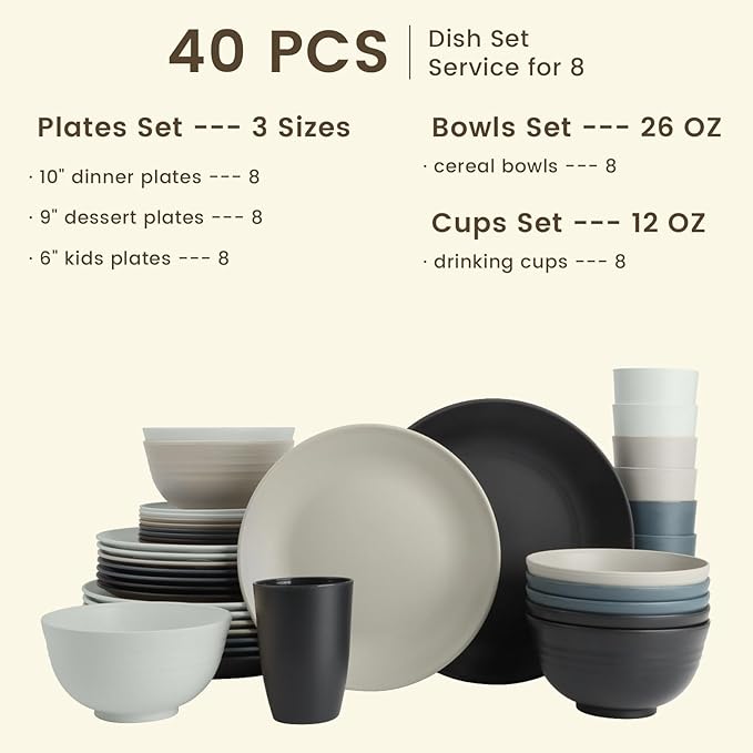 Homienly Premium 40 PCS Wheat Straw Dinnerware Set - Dinner Plates, Cereal Bowls, Unbreakable Cups Set, Microwave and Dishwasher Safe Dishes Set, Reusable Lightweight Dish Sets for Kitchen(Black Grey)