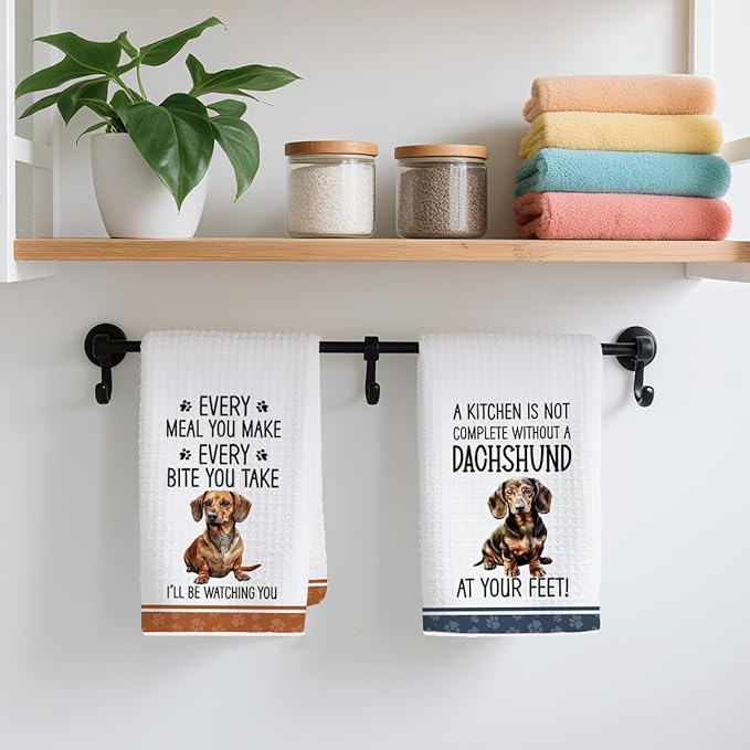 2Pcs Funny Dogs Kitchen Towels 24x14 Inch, Cute Dachshund Waffle Weave Dish Towels for Kitchen Home, White Absorbent Microfiber Hand Tea Towel, Weiner Dog Gifts for Women Dog Lovers 4