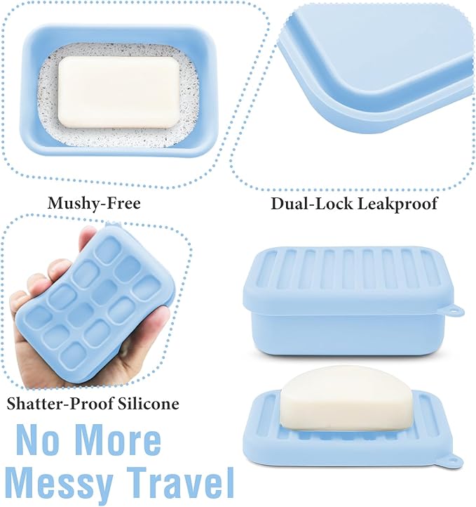 2PCs Silicone Travel Soap Case, Leak-Proof Bar Soap Container with Drain Tray, Portable Travel Soap Dish with Lid for Hiking, Gym, Camping, PortableToiletries Accessories (PinkBlue)
