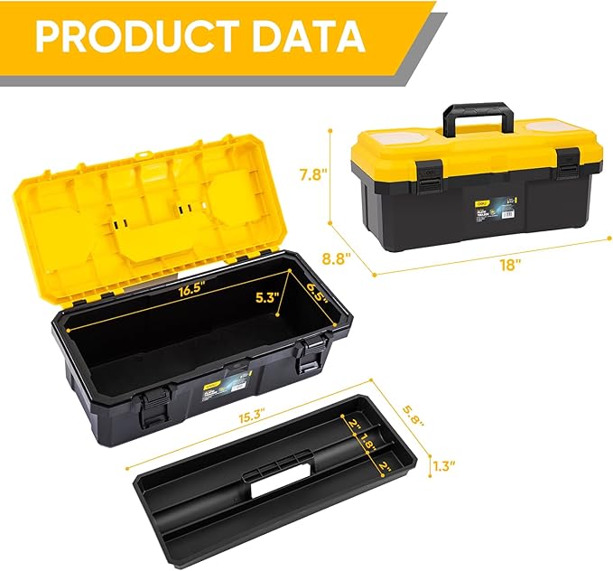 18 Inch Tool Box with Lock, 2-Layer Heavy-Duty Organizer with Removable Tray, Liftable Lid for Small Parts, 29lb Capacity & Carry Handle for Tools, Camping, Medical Supply Storage