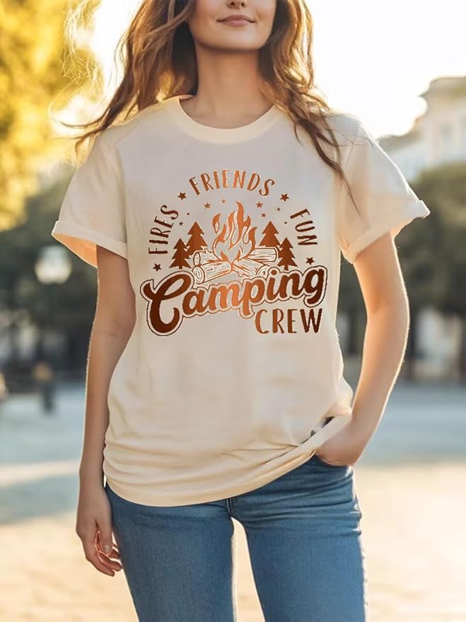 Happy Camp T-Shirt Women Hiking Mountain Adventure Novelty Workout Funny Saying Cute Graphic Athletic Shirt