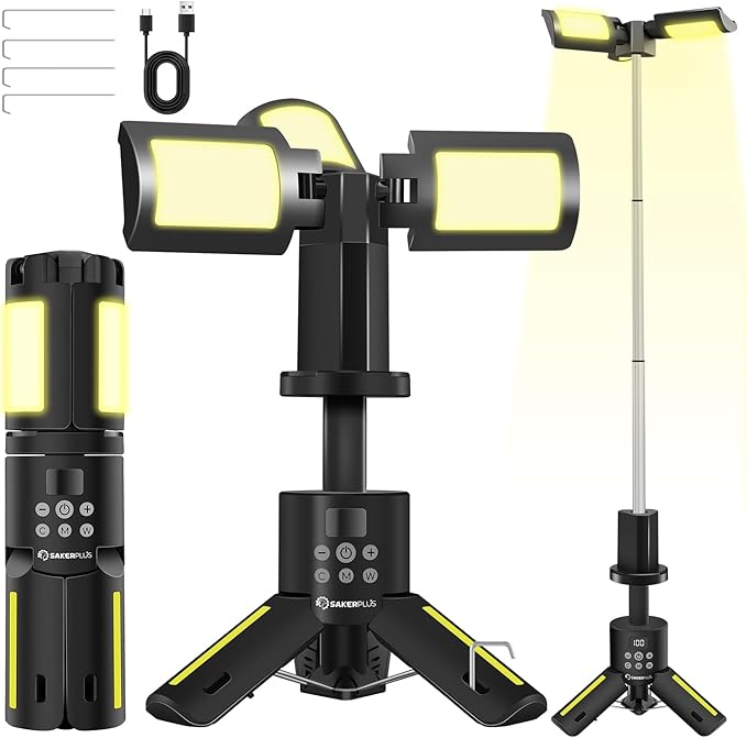 SakerPlus Portable Camping Lights with Stand, 5000LM Rechargeable LED Flashlight, 9 Color Modes, Collapsible Camping Lantern Tent Light with Magnetic Base for Power Outages, Camping & Emergency(Black)
