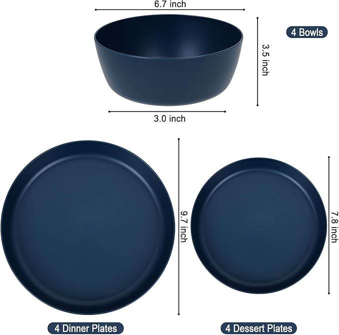 EI 12pcs Dark Blue Wheat Straw Dinnerware Set,Wheat Straw Plates,Plastic Plates Reusable,Plate and Bowls Sets,Unbreakable Plastic Plate for Dinner, Camping,Picnic