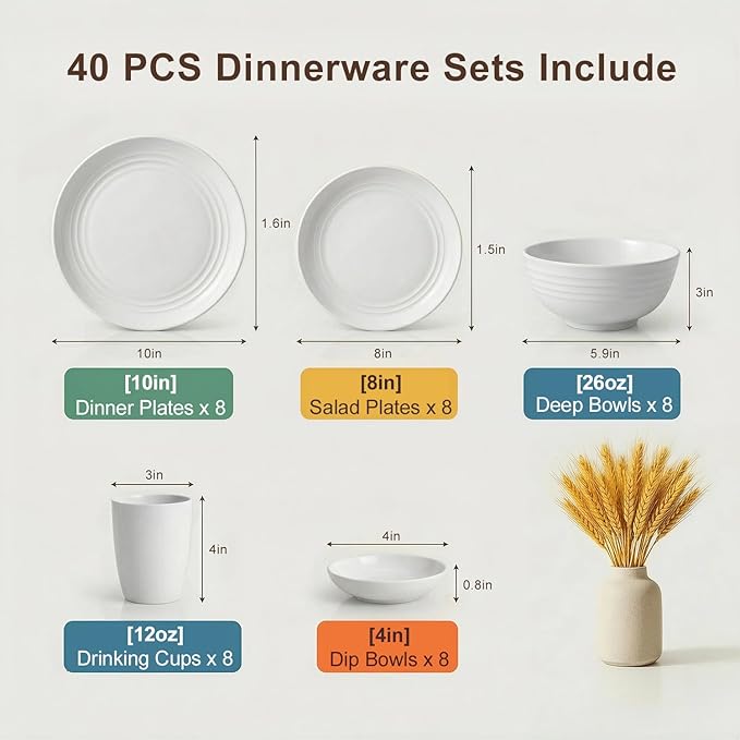 Dinnerware Sets for 8, Wheat Straw Plate and Bowl Set, Unbreakable Kitchen Set 40 Piece, Microwave and Dishwahser Safe Plates and Bowls Sets for Apartment, Kitchen, Camping, Dorm - White