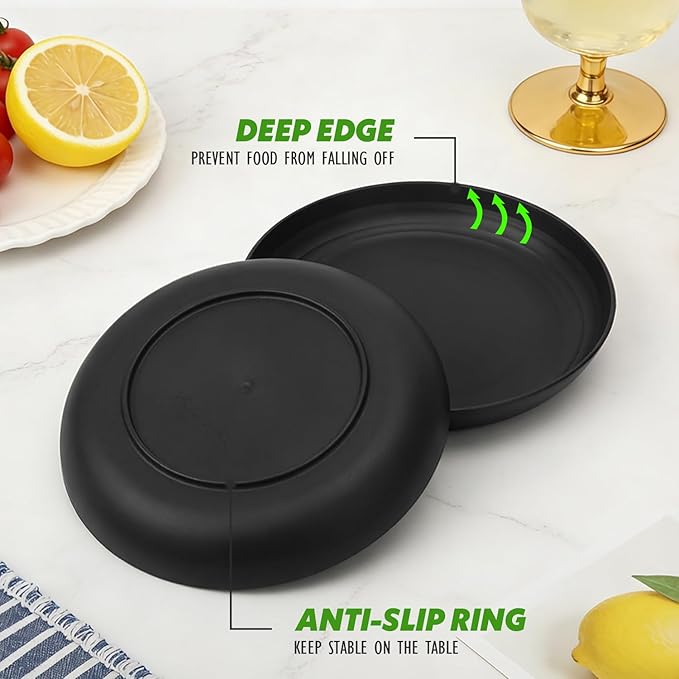 10 Inch Deep Dinner Plates Set of 6, Wheat Straw Unbreakable Plastic Plates, Reusable Microwave Safe Plates, Dishwasher Safe Lightweight for Kitchen, Outdoor, Camping, Black